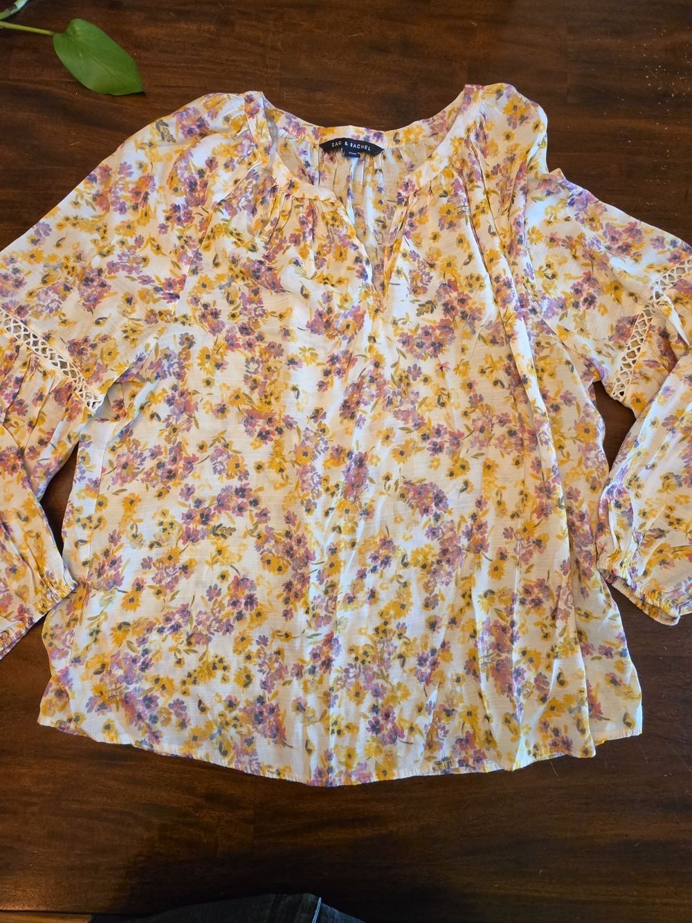 Zac & Rachel Yellow Floral Peasant Blouse Long Sleeve Boho Top Size L